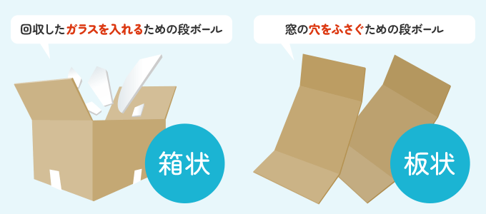 回収したガラスを入れるための段ボール。 もし、窓に穴が開いて壁が吹き込む場合は貼る用の段ボールの２種類準備しましょう。