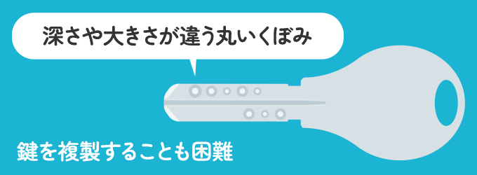 ディンプルキーの大きな特徴は、鍵にある深さや大きさが違う丸いくぼみです。