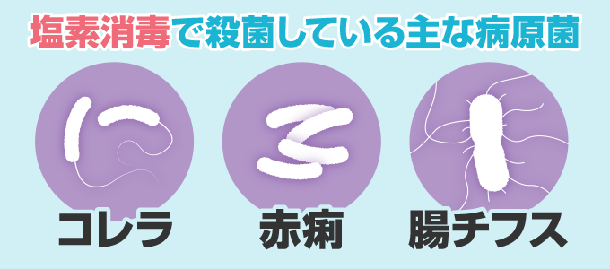 各家庭に水を送る段階で、病原性微生物の殺菌のために塩素消毒をおこない、コレラ・赤痢・腸チフスなどの水を通して伝染する病気を防いでいます。