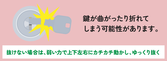 鍵が抜きづらくなったら、弱い力で上下・左右にカチカチと動かして、ゆっくり回したり・引き抜いてください。