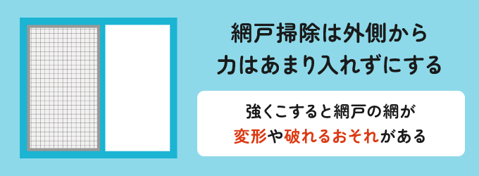 網戸はあまり力を入れすぎると、網が変形してしまったり破れてしまうため力加減には気をつけましょう。